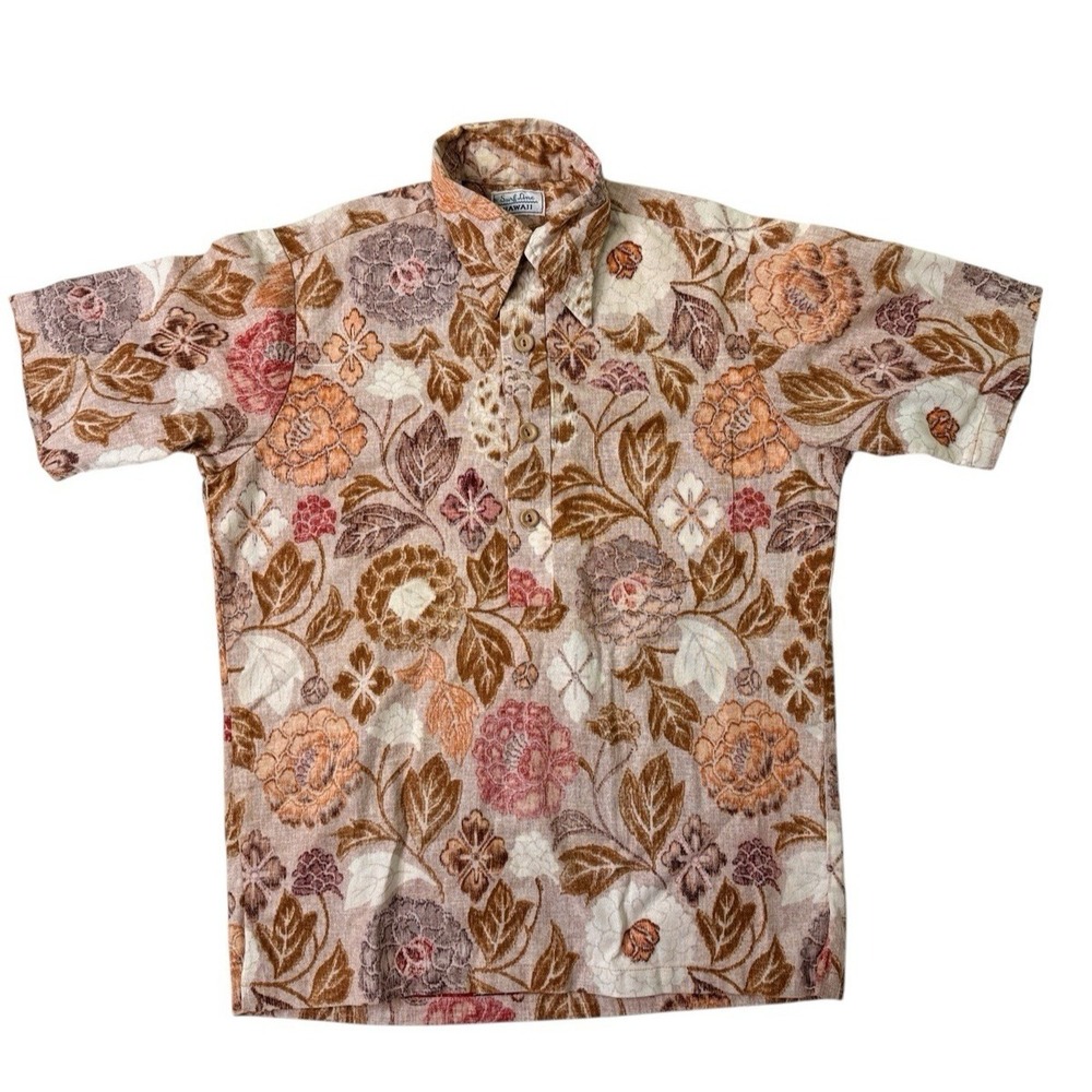Surf Line Hawaii Hawaiian Shirt Brown Orange Floral Leaf Chest 42 Mens Size‎ Med